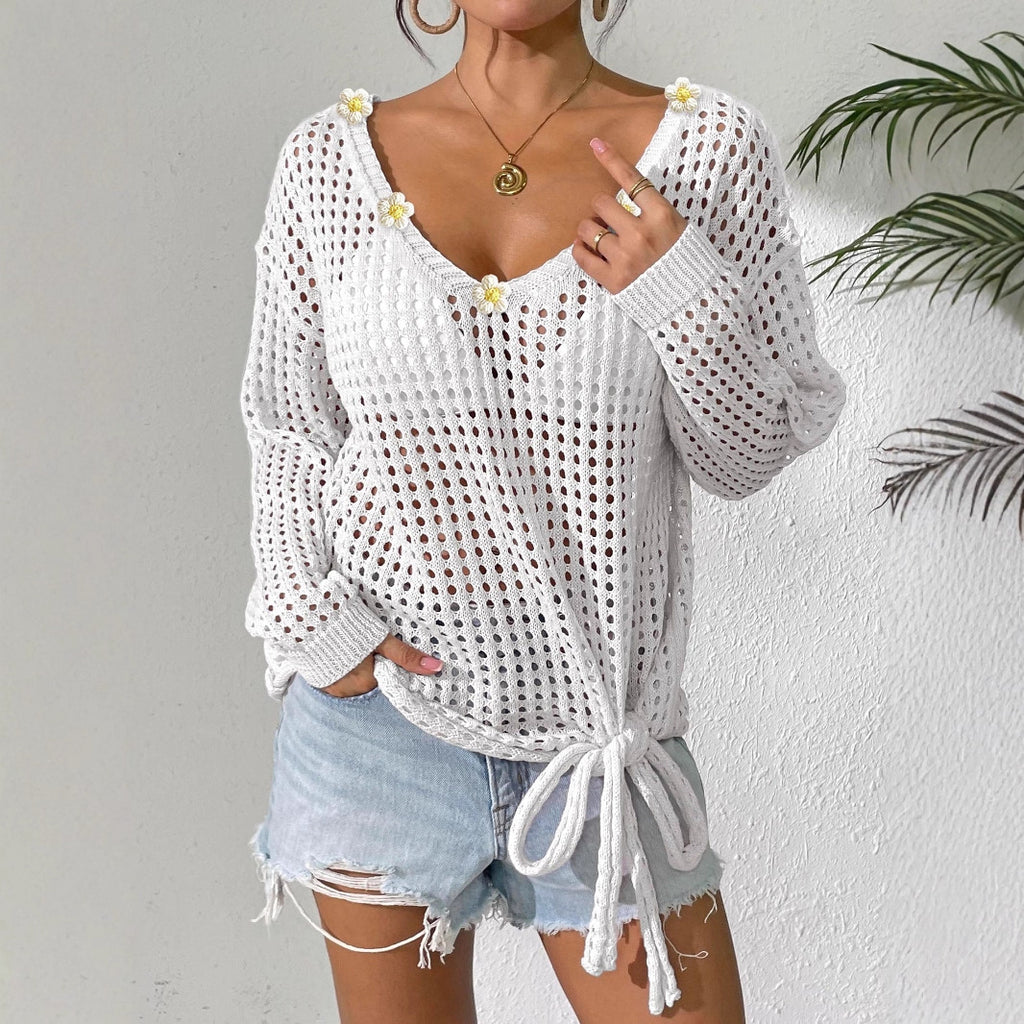 Ladies V-Neck Knit Sweater with Hollow-Out Design Cover-up