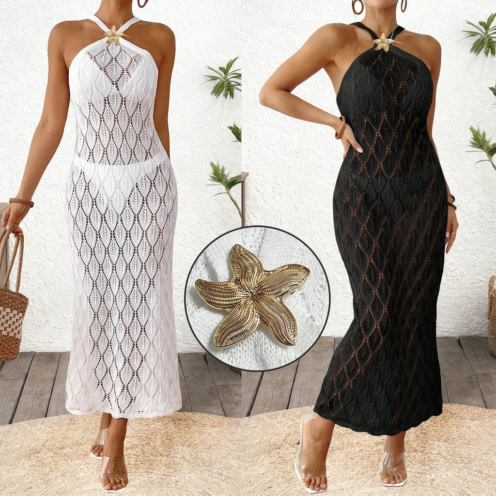 Hollow-out Metal Starfish Decorated Strapless Dress Bikini Cover-Up Dress