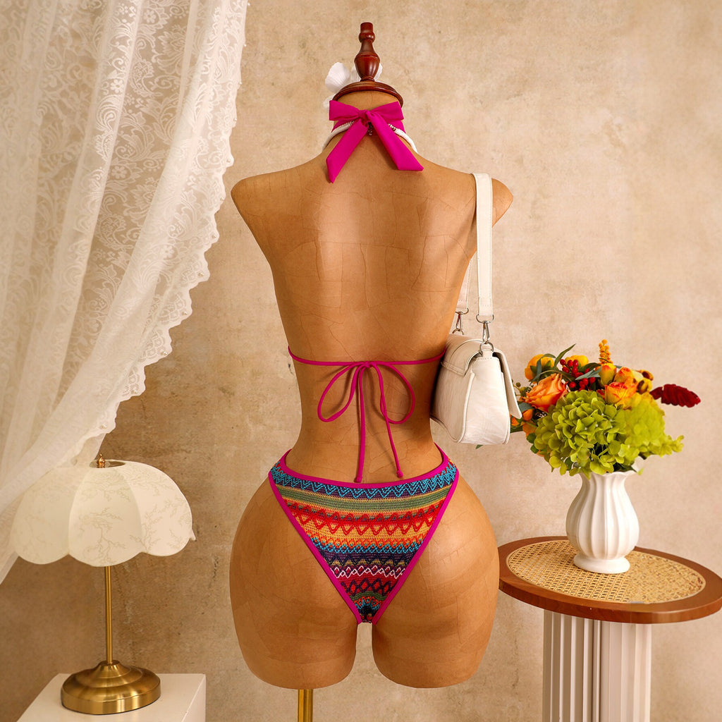 Colorful knitted one-piece swimsuit women's hollow strap bikini swimsuit