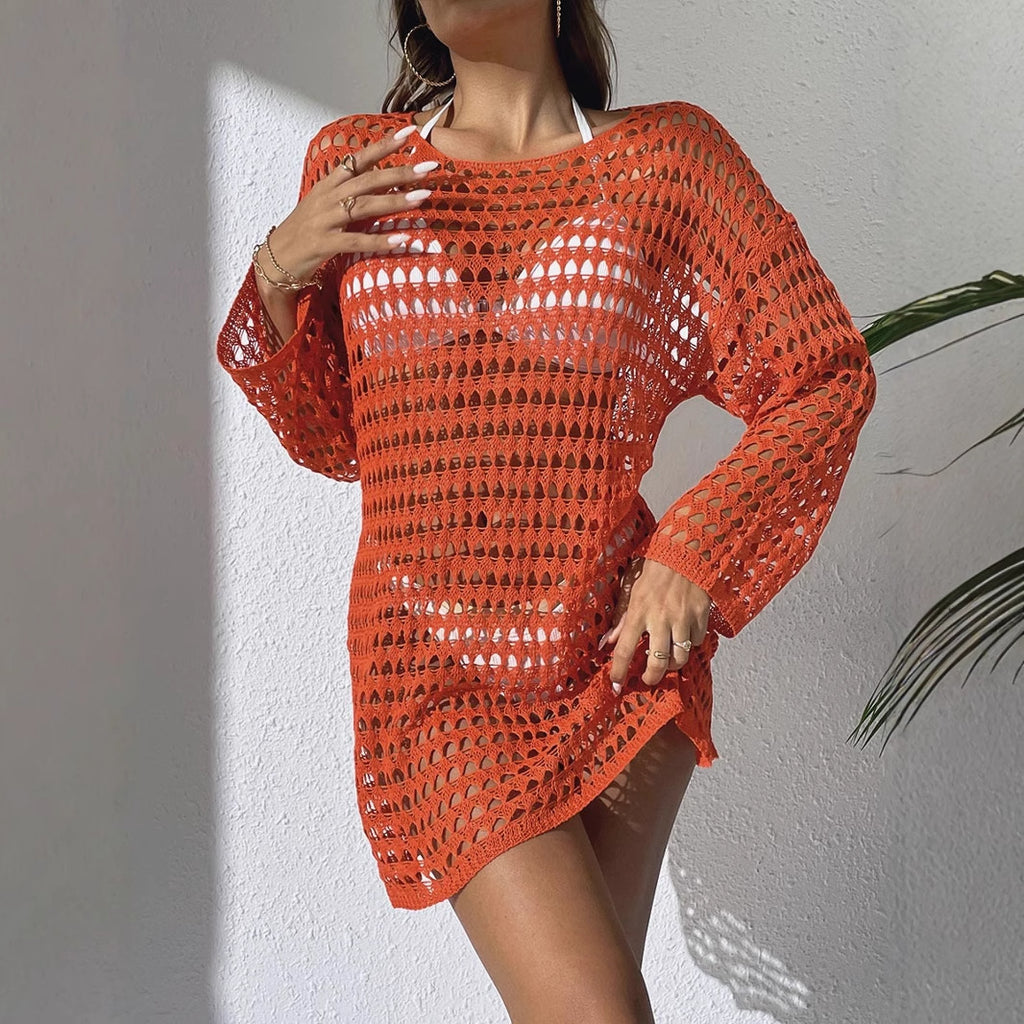 Sexy Knit Hollow Out Pullover Round Neck Long Sleeve Bikini Swimwear Cover-Up