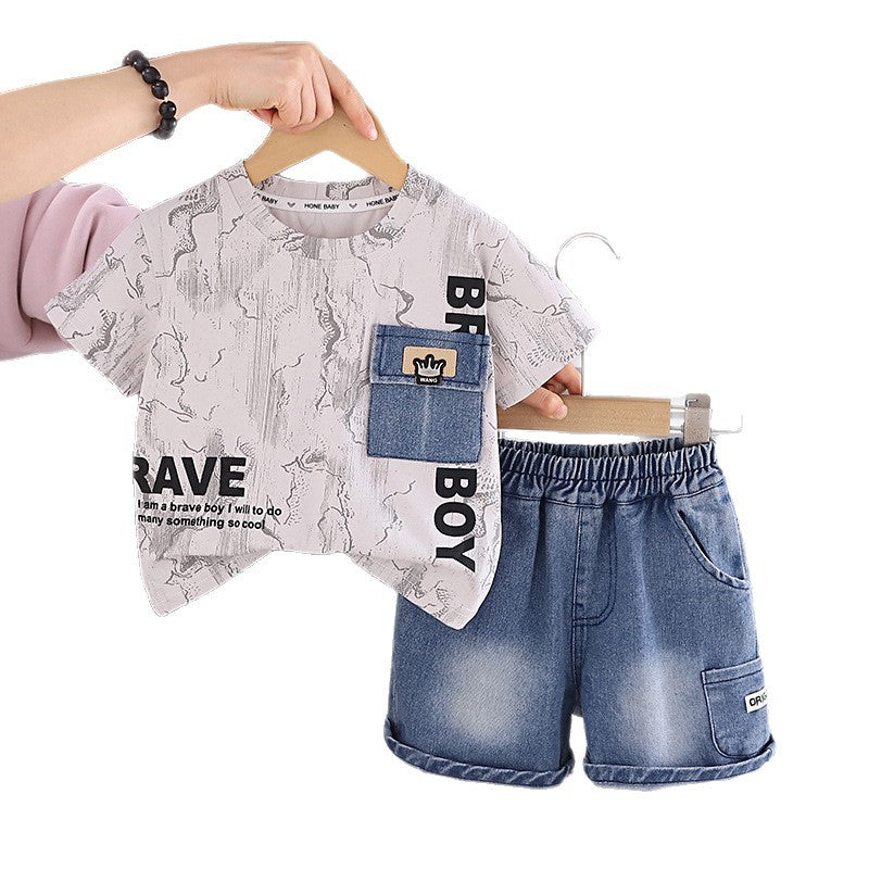 Round neck short sleeved top pocket jeans set