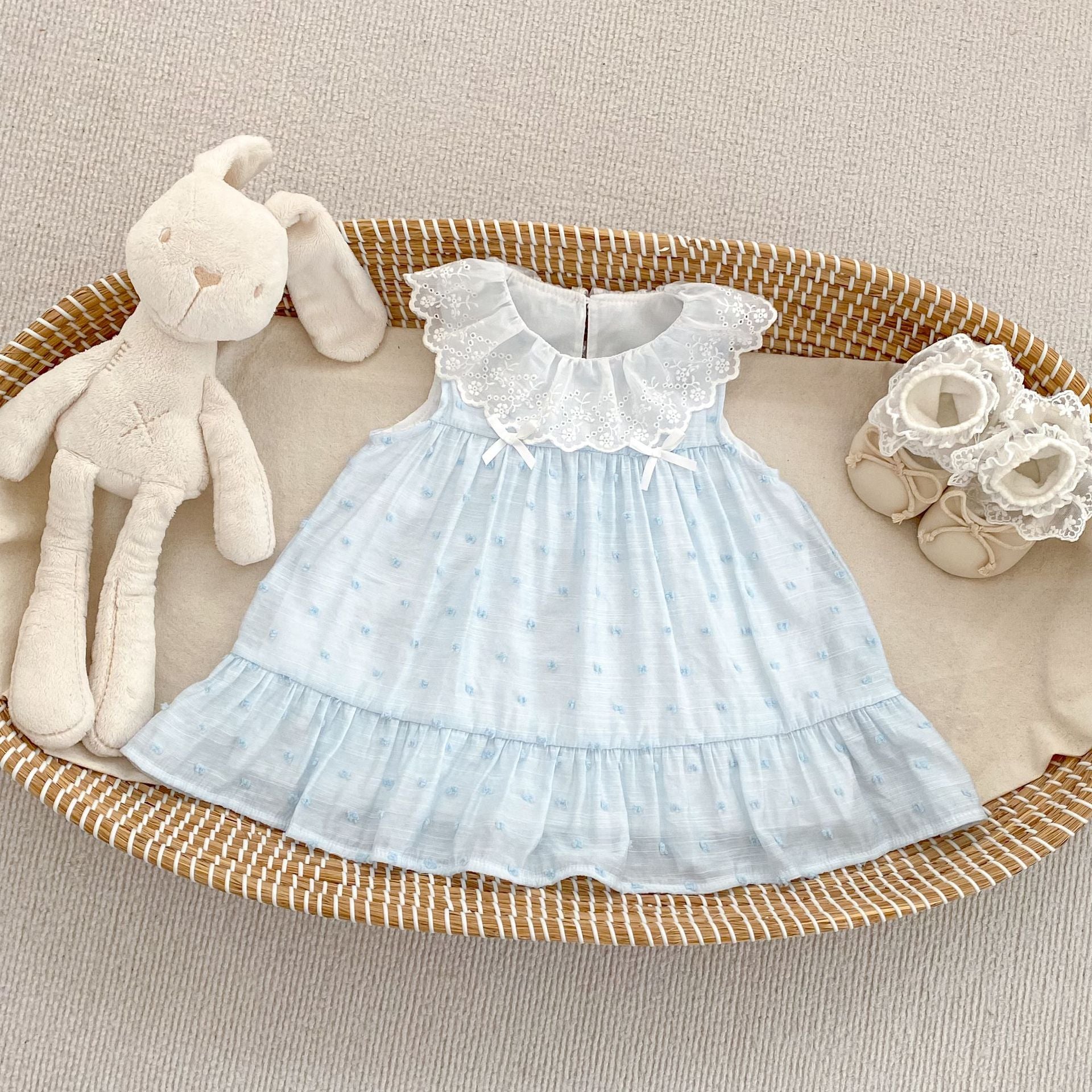 Girls' Summer Fresh Floral Print Sleeveless Dress with Lace Collar, Princess Style Ruffled Bodysuit Dress