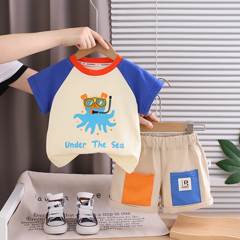 Diving octopus print round neck short sleeved top and shorts set