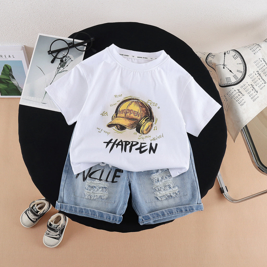 Round neck short sleeved top denim suit