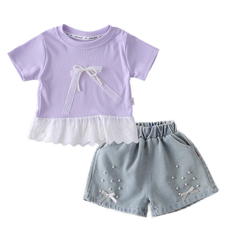 Round neck lace short sleeved bow top shorts set