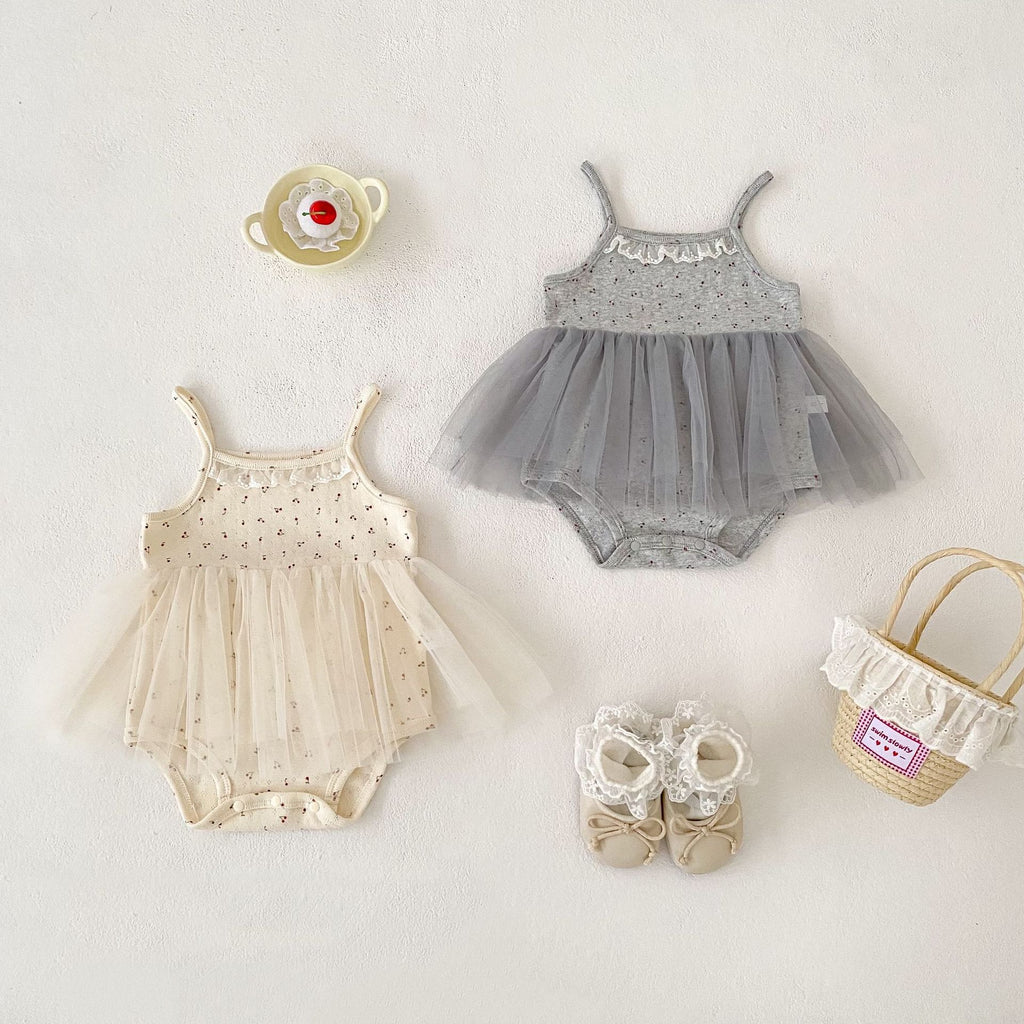 Cute Floral Tulle Romper for Baby Girls Summer Sweet Strap Bodysuit 100 Days Princess Dress Baby Clothes