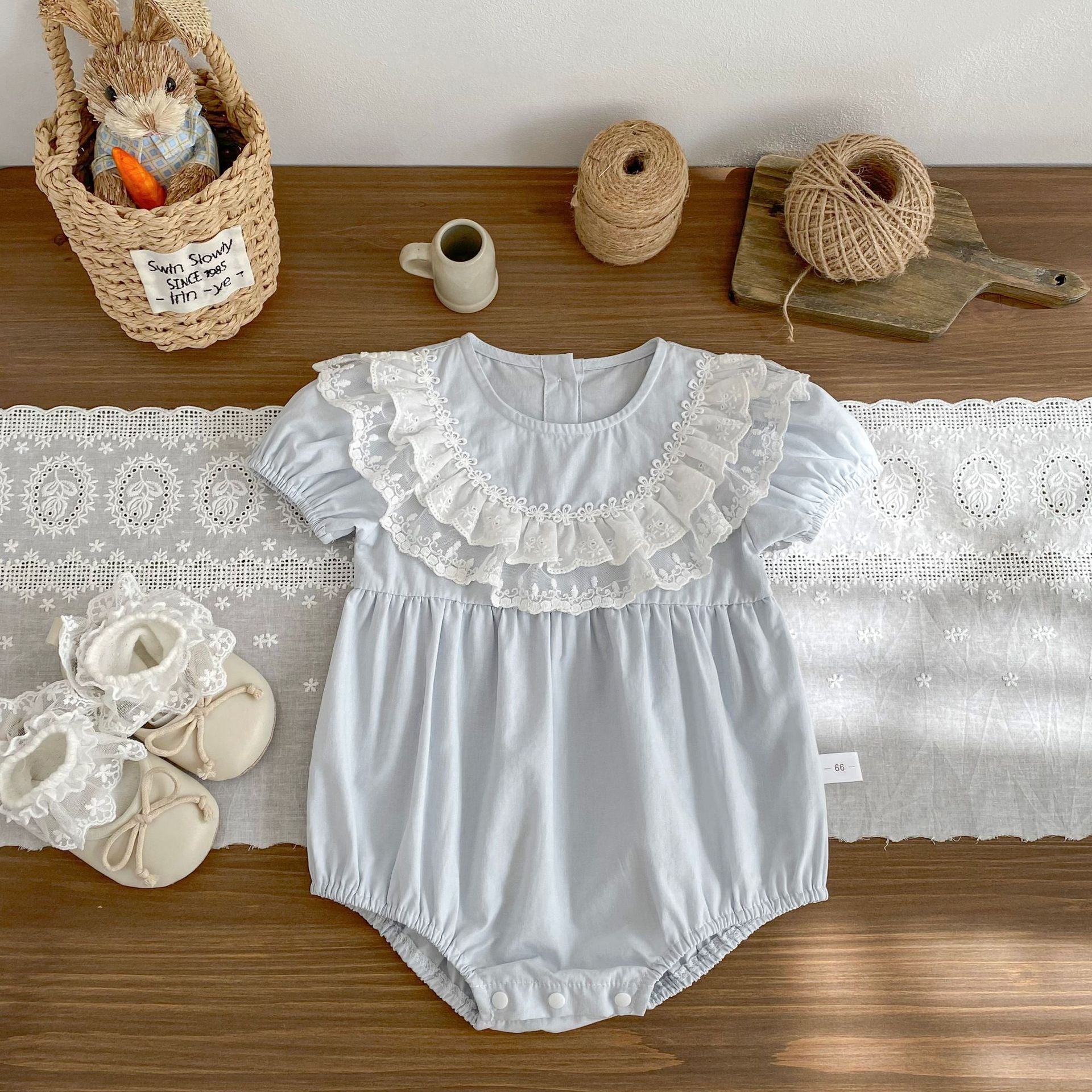 Baby Summer Romper New Style Puff Sleeve Onesie Sweet Lace Bib Overall Girl Baby 100-Day Crawling Outfit