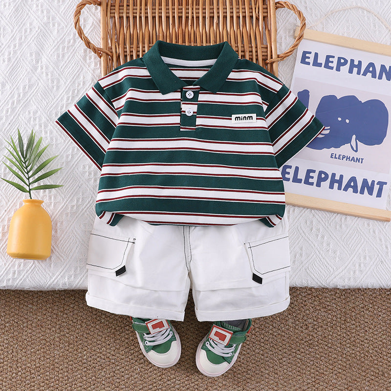 Short sleeved striped polo shirt shorts set