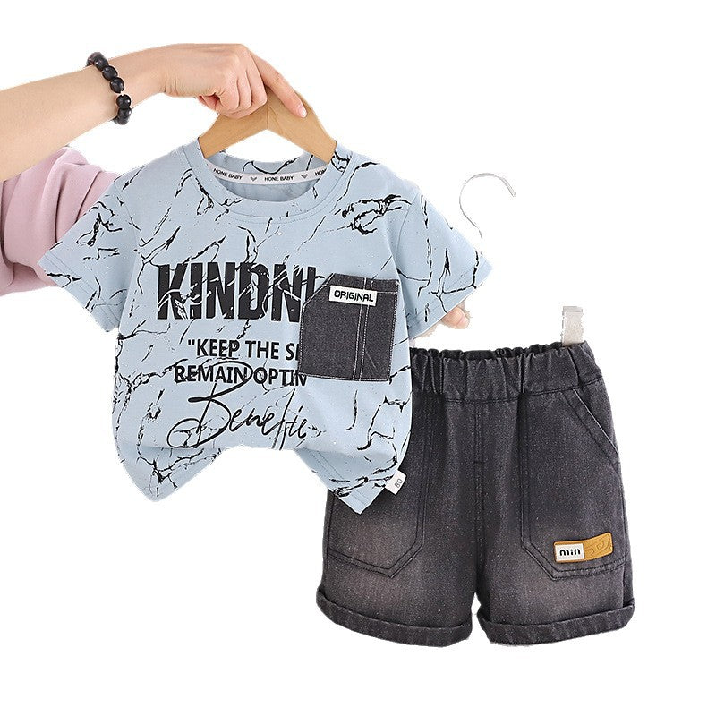 Short sleeved top denim pocket two-piece set
