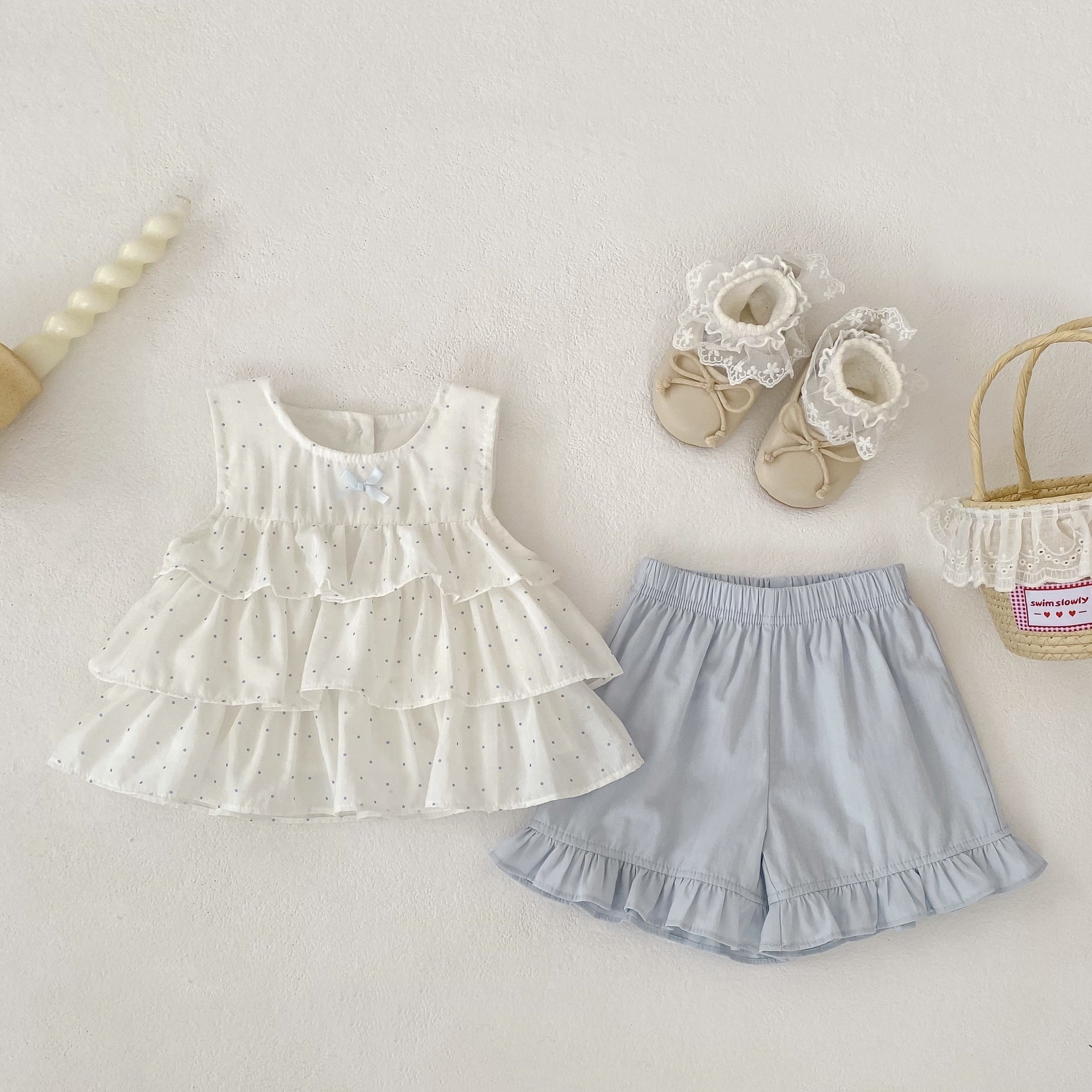 Girl's Summer Outfit Set Polka Dot Sleeveless Baby Doll Top + Bloomer Shorts Two-Piece Set