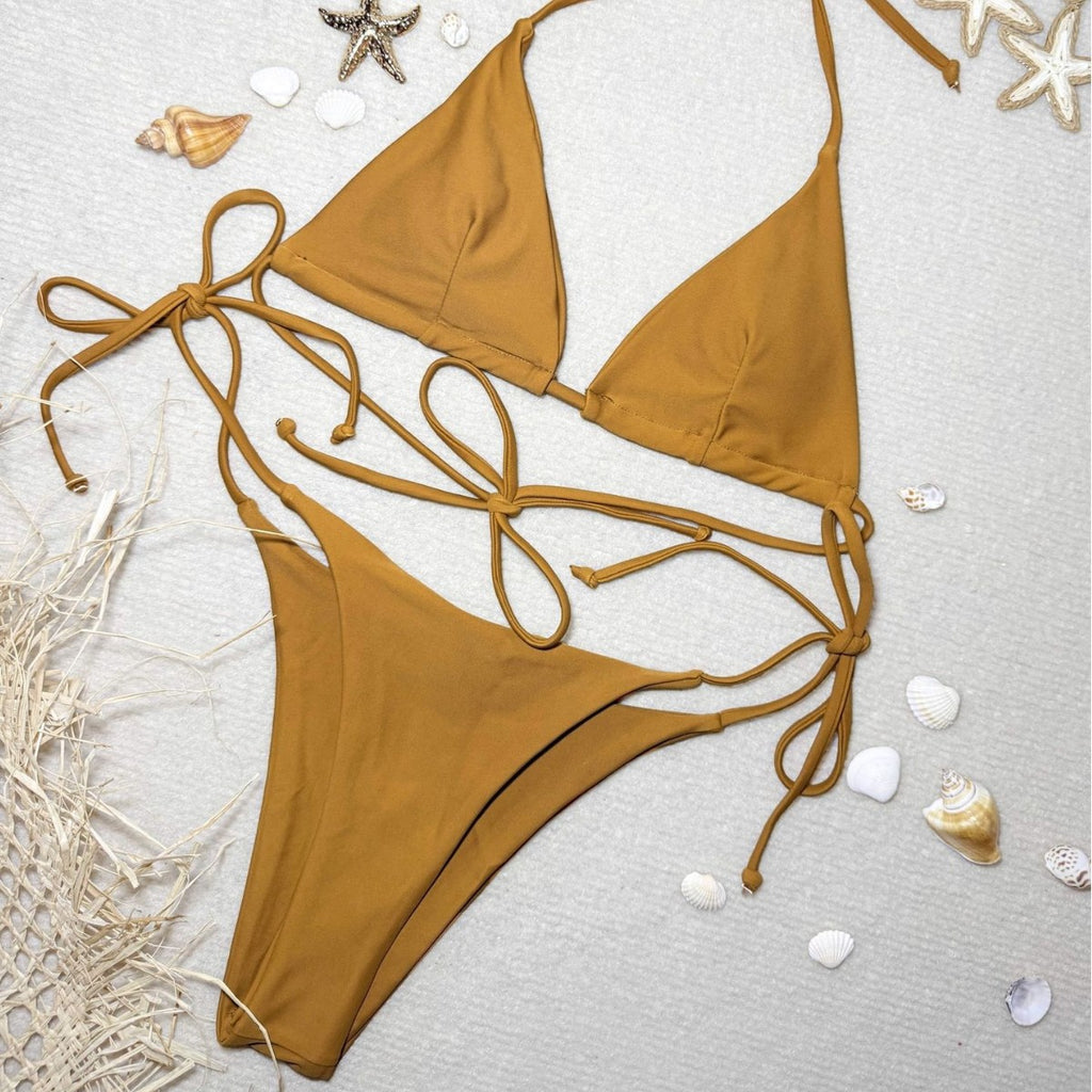 Swimsuit women's three-point sexy bikini solid color strap swimsuit