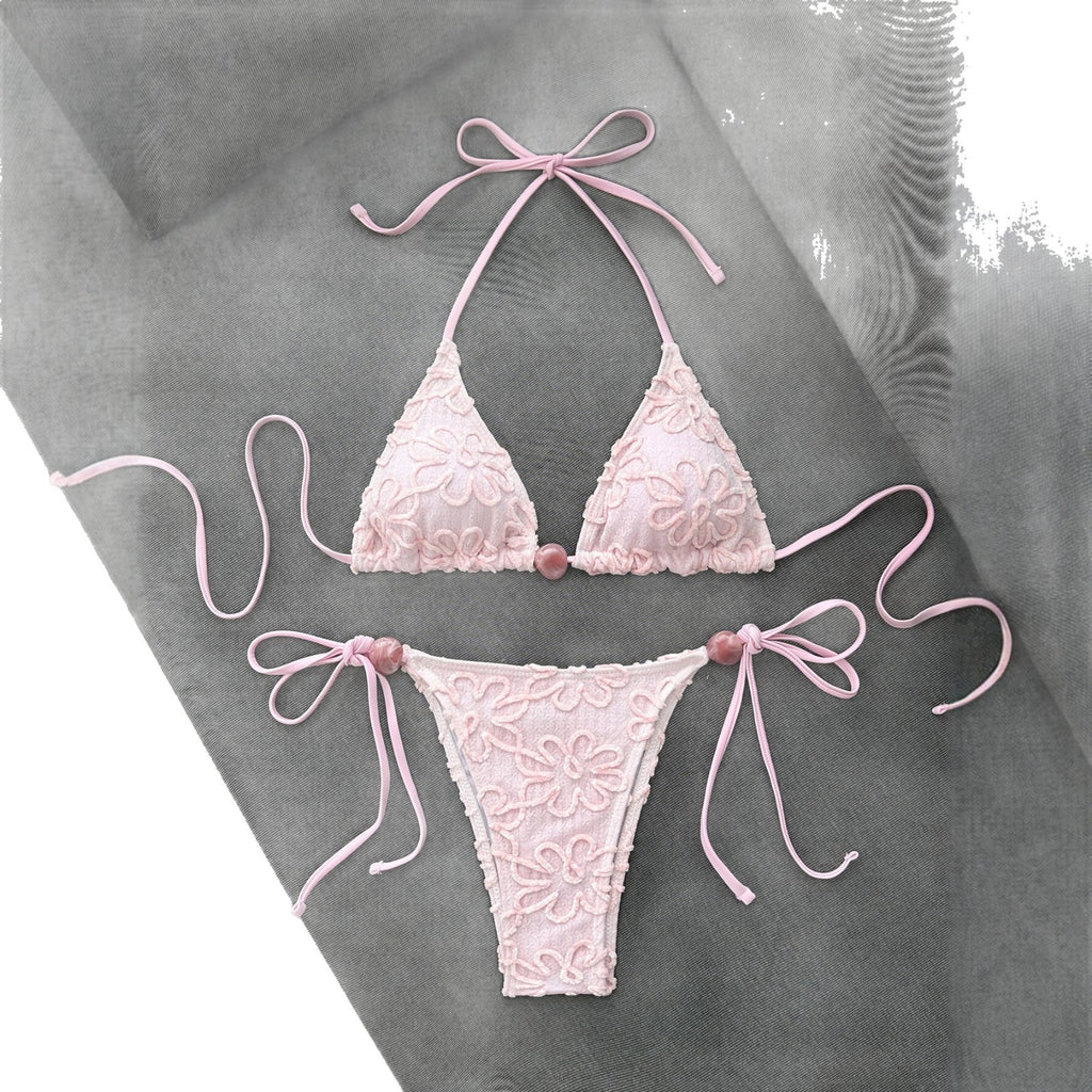 Pink lace bikini women's triangular cup neck strap swimsuit