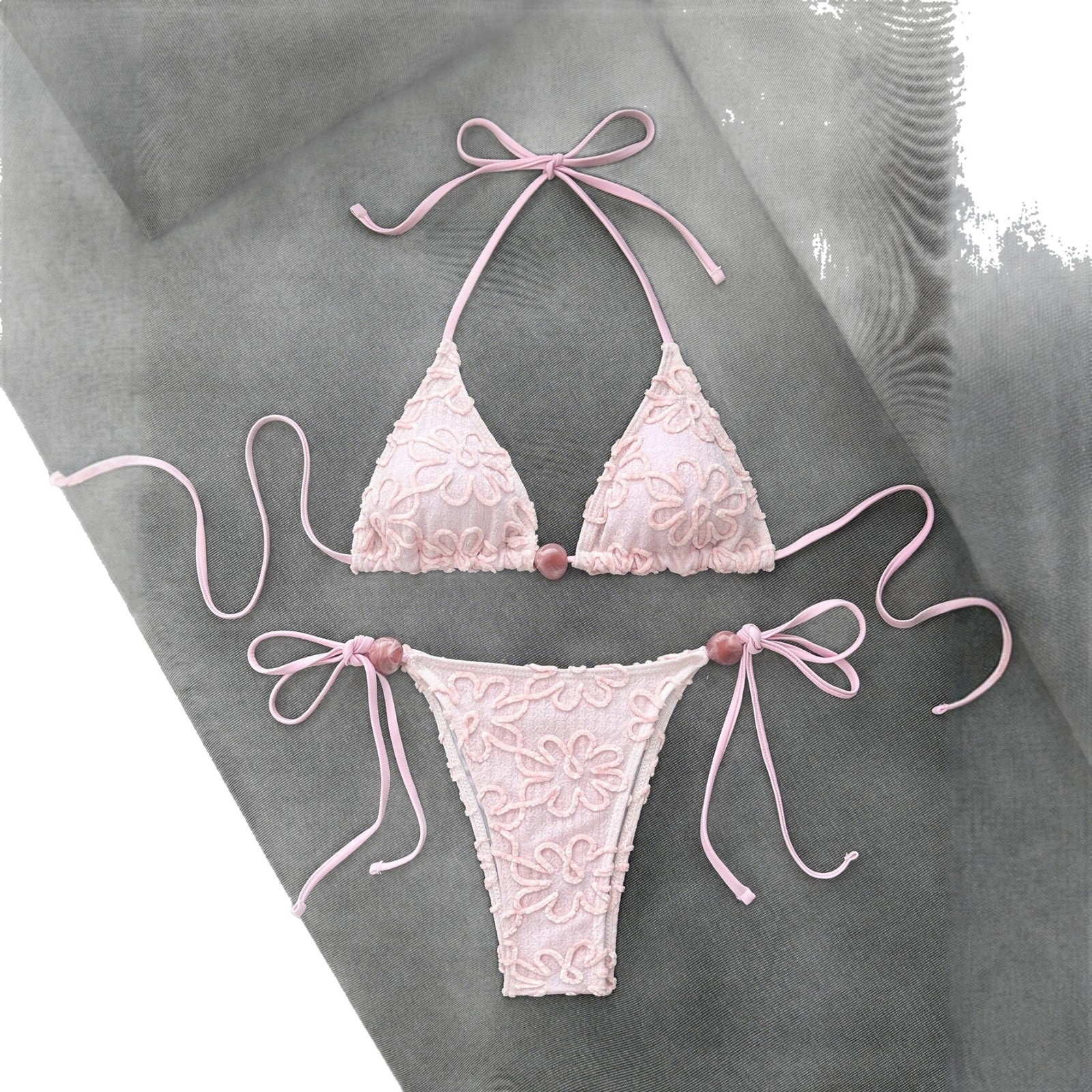 Pink lace bikini women's triangular cup neck strap swimsuit