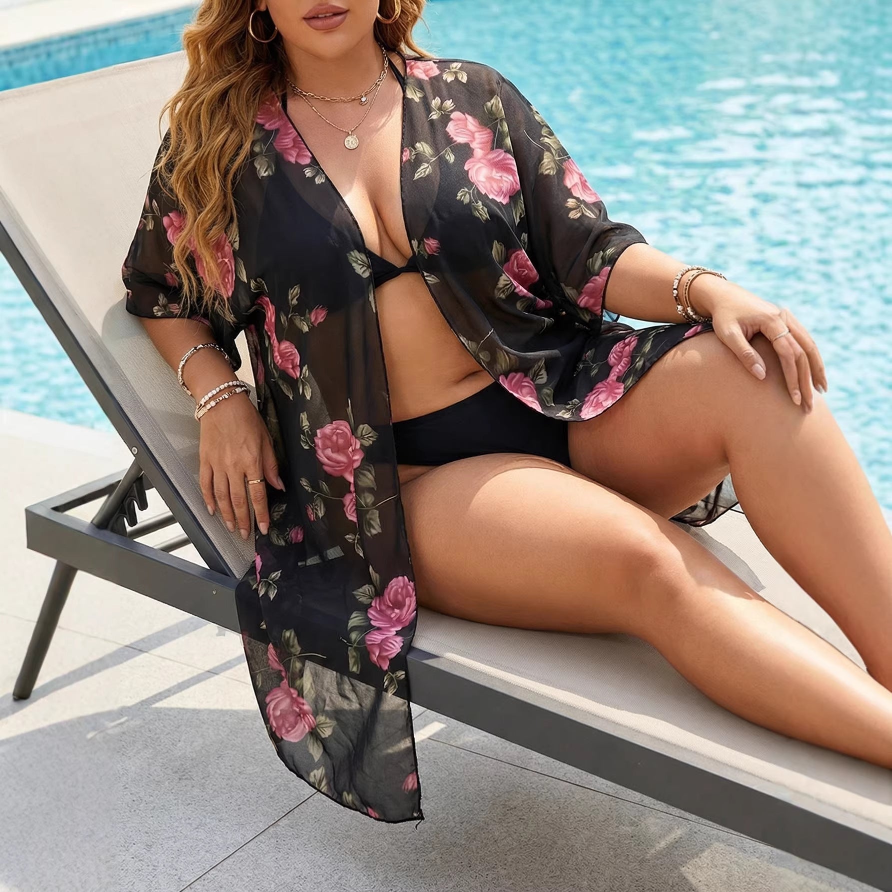 Plus Size Beach Vacation Kimono with Floral Print, Mesh Fabric,Loose Bikini Cover-Up
