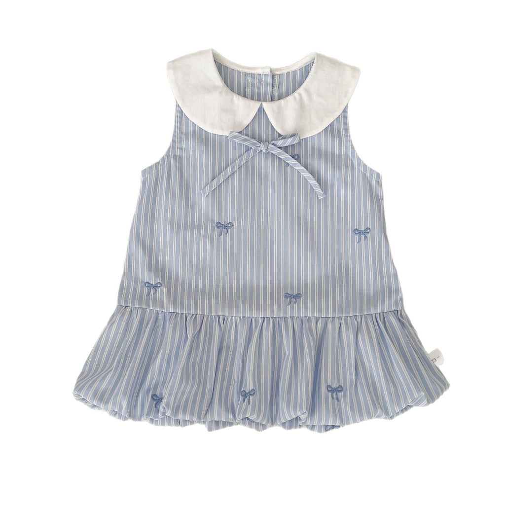 Cute Striped Sleeveless Dress with Bow Embroidery and Bloom Style for Girls, School Style Casual Dress