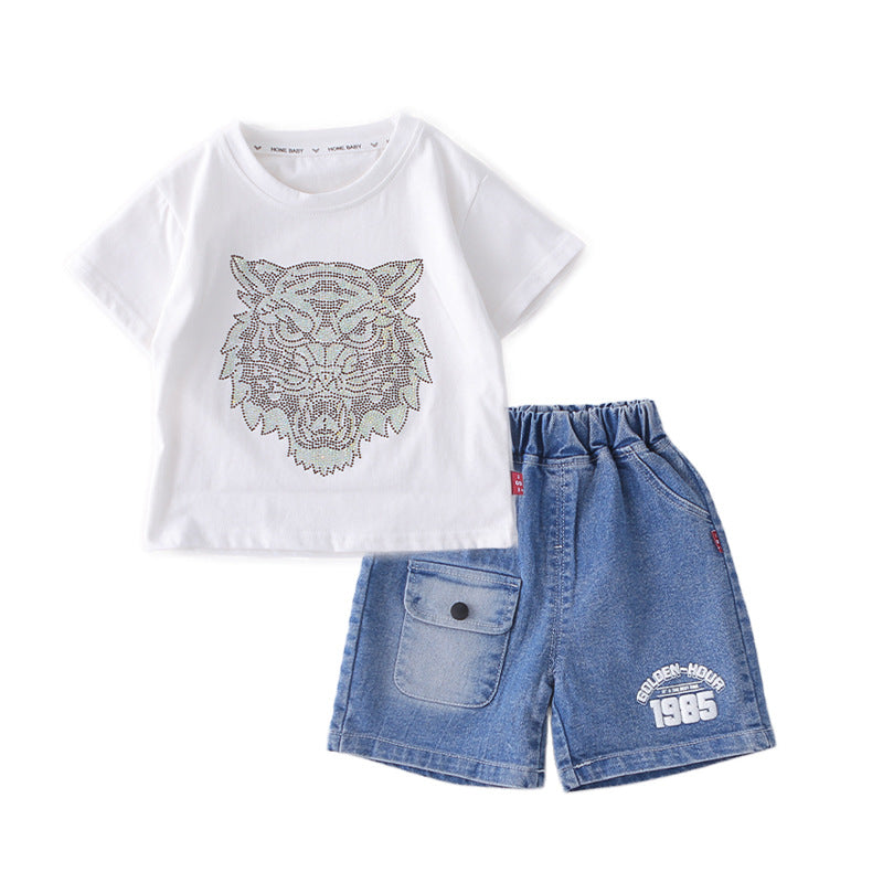 Tiger head pattern short sleeved top and shorts set