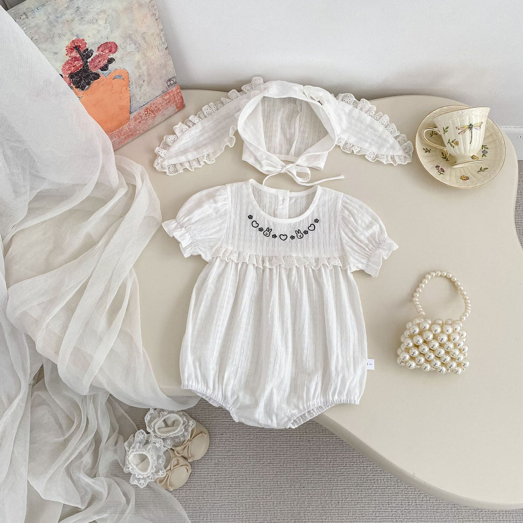 Baby Summer Thin Short Sleeve Triangular Romper for Girls with Cute Rabbit Embroidery