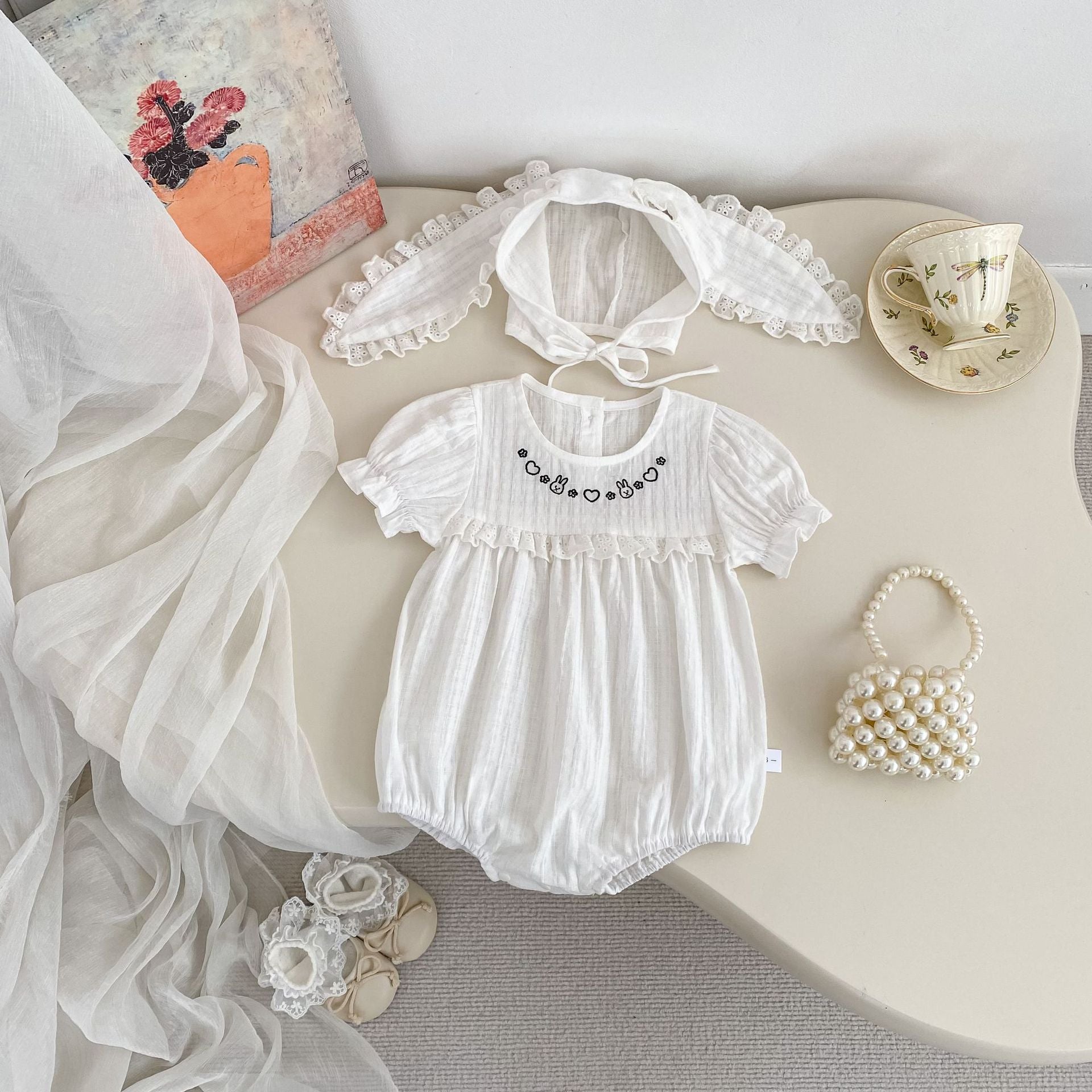 Baby Summer Thin Short Sleeve Triangular Romper for Girls with Cute Rabbit Embroidery