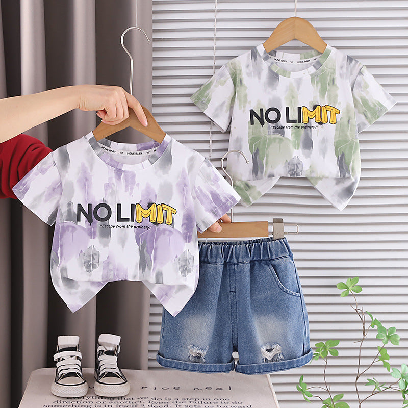 Short sleeved round neck top with denim pockets, two-piece set