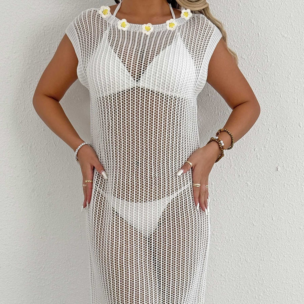 Beach Dress Vacation Bikini Cover-Up Sexy Hollow-Out Sheer Fringe Patchwork Dress