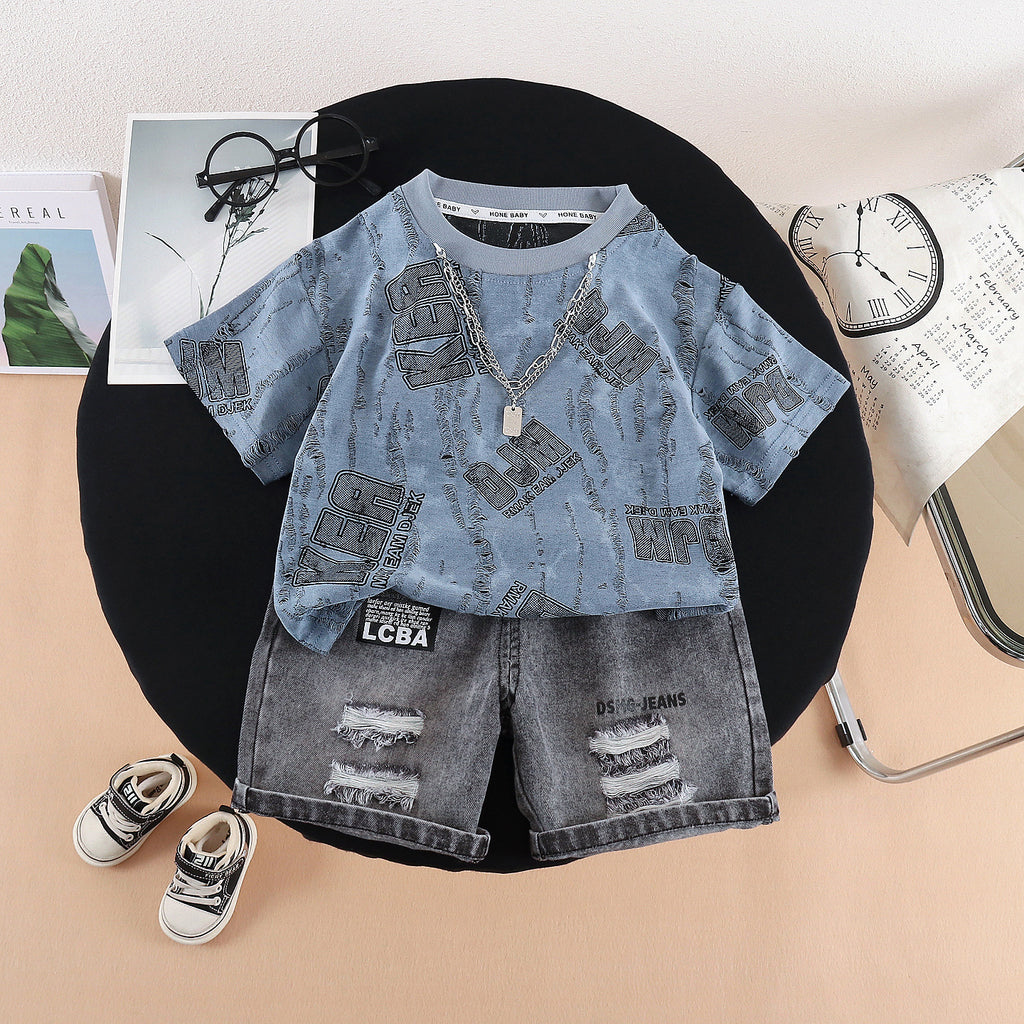 Round neck hanging chain short sleeved top and shorts set