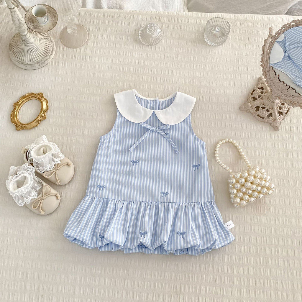 Cute Striped Sleeveless Dress with Bow Embroidery and Bloom Style for Girls, School Style Casual Dress