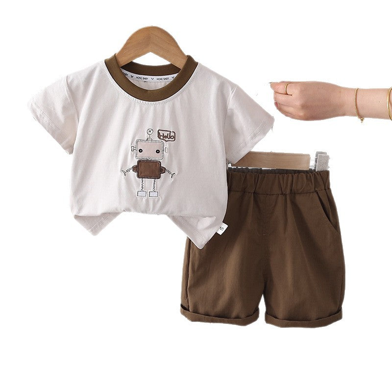 Cartoon robot short sleeved top and shorts set