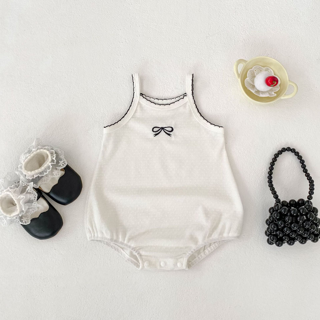 Simple Butterfly Knot Baby Romper for Girls, Breathable Summer Infant Onesie with Strap Design