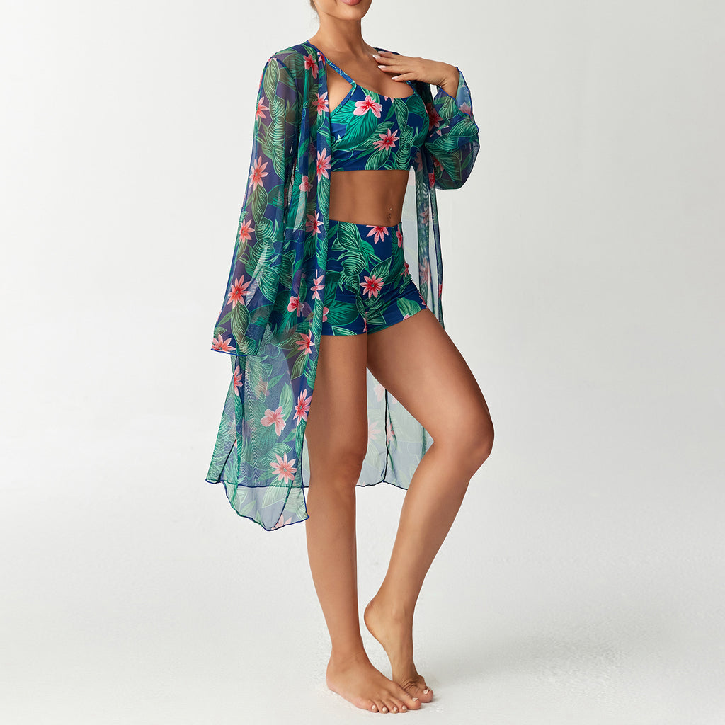 Long Sleeve Outfit Set with Digital Print Bikini Bottoms, Three-Piece Swimwear