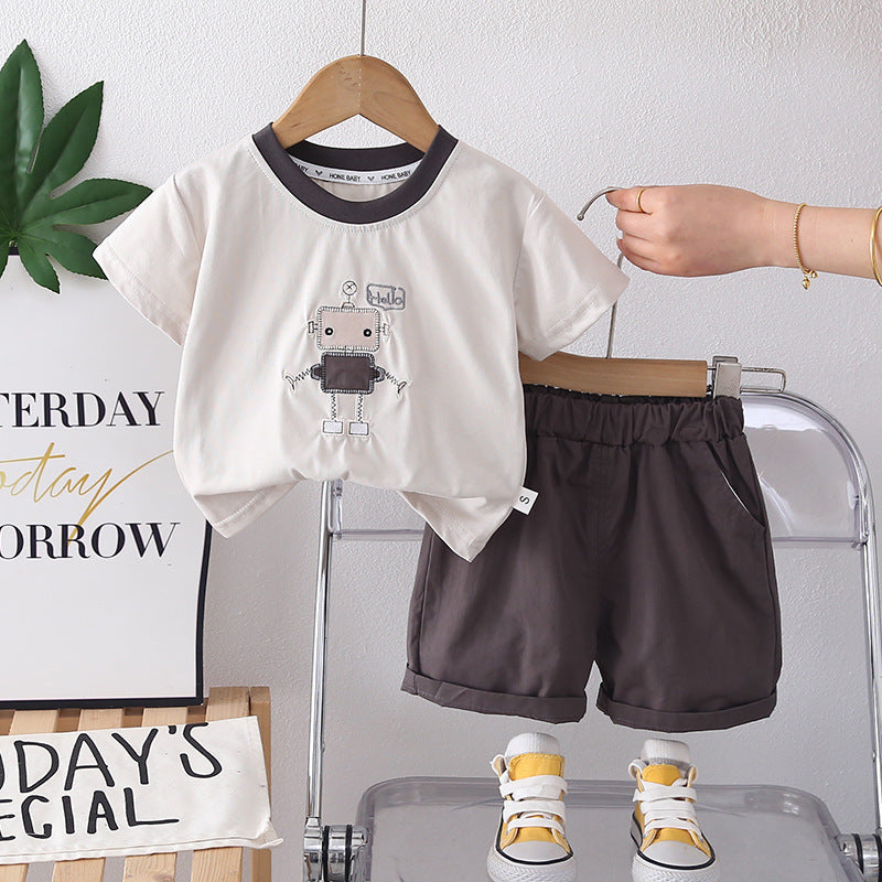 Cartoon robot short sleeved top and shorts set