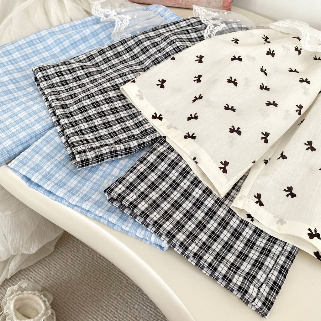 Girls' Summer Lightweight Breathable Wide-Leg Pants with Lace Trim, Three-Color Plaid, Bow Detail, Versatile 9/10th Length Trousers