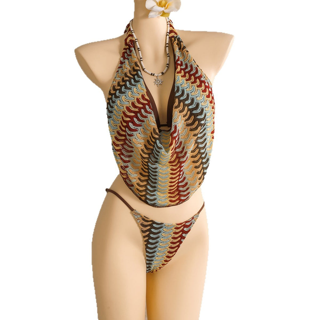 Knitted three piece swimsuit women's halter striped backless beach bikini swimsuit