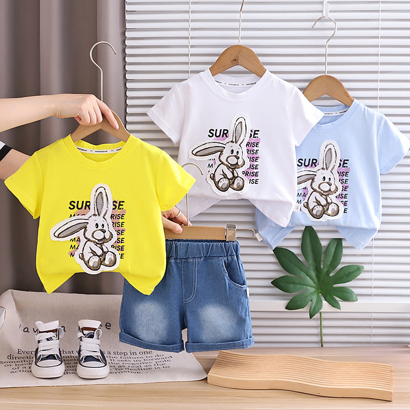 Rabbit print top denim shorts set