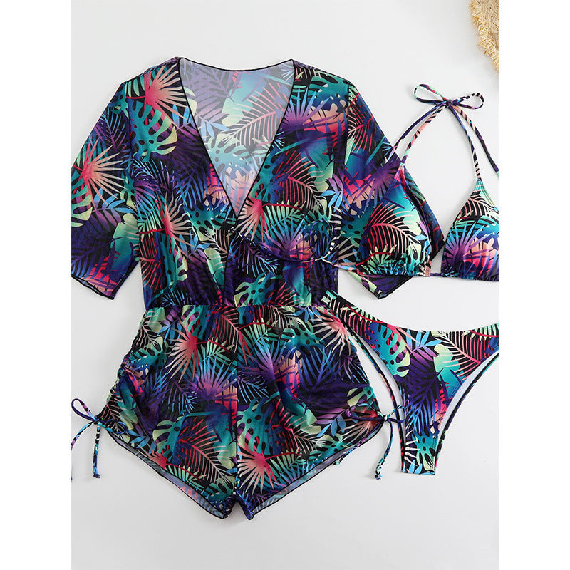 Three piece printed split swimsuit set