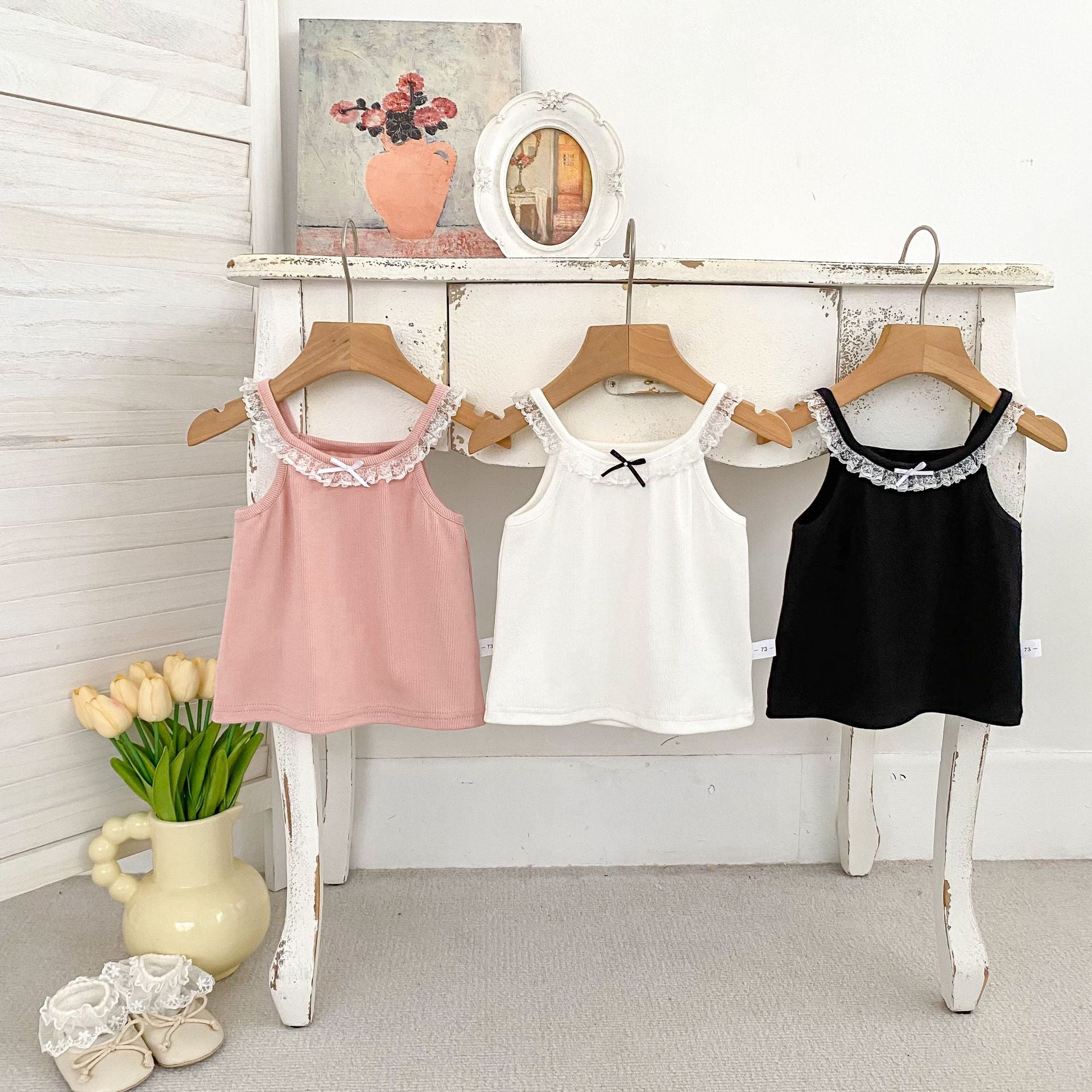 Lace Trim Bow Sleeveless Inner Top for Girls Summer New Style Child's
