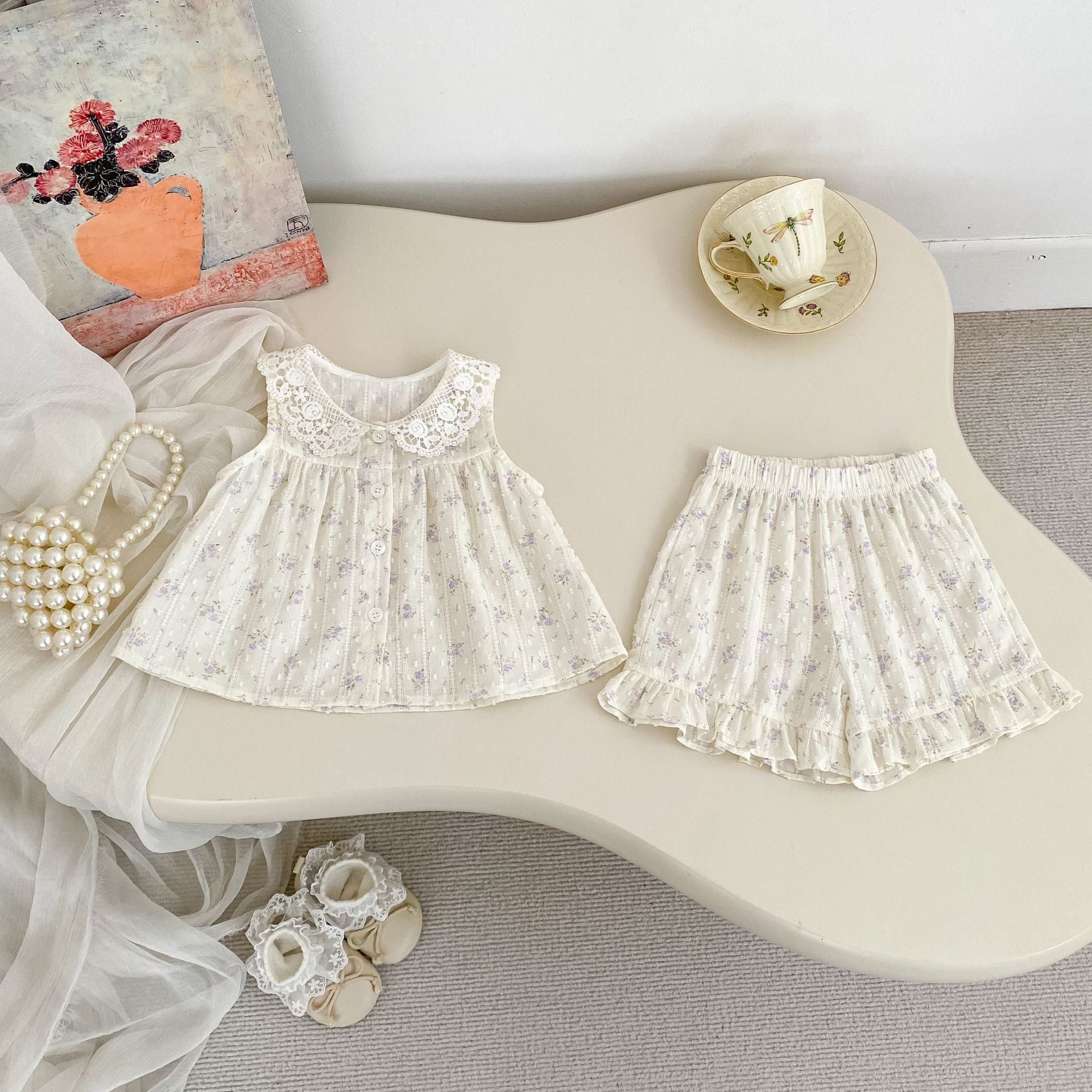 Floral Print Set for Girls Summer Lace Collar Baby Doll Shirt Ruffle Shorts Two-Piece Outfit