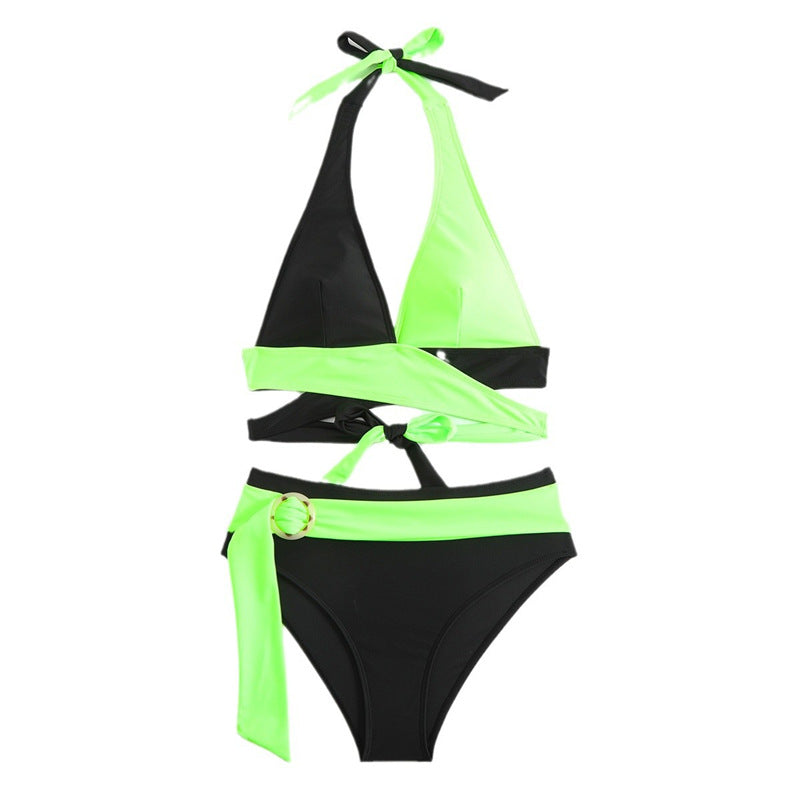 Color blocked deep V-strap colorful bikini