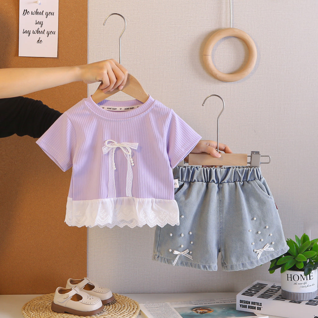 Round neck lace short sleeved bow top shorts set