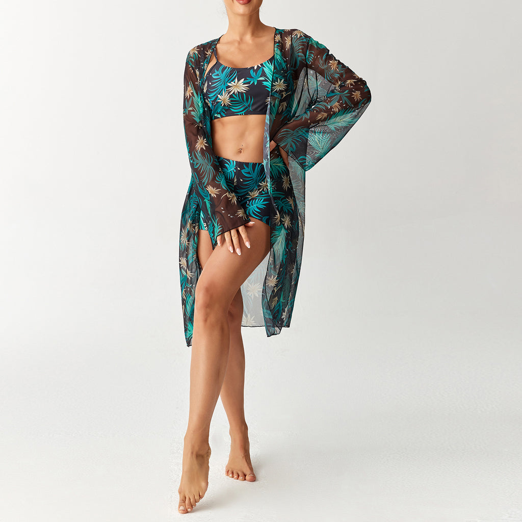 Long Sleeve Outfit Set with Digital Print Bikini Bottoms, Three-Piece Swimwear