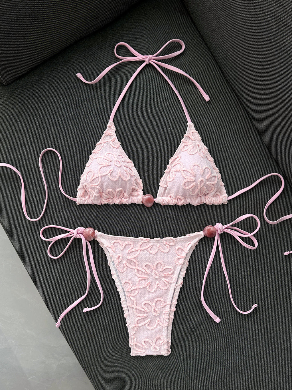 Pink lace bikini women's triangular cup neck strap swimsuit