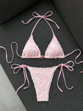 Pink lace bikini women's triangular cup neck strap swimsuit