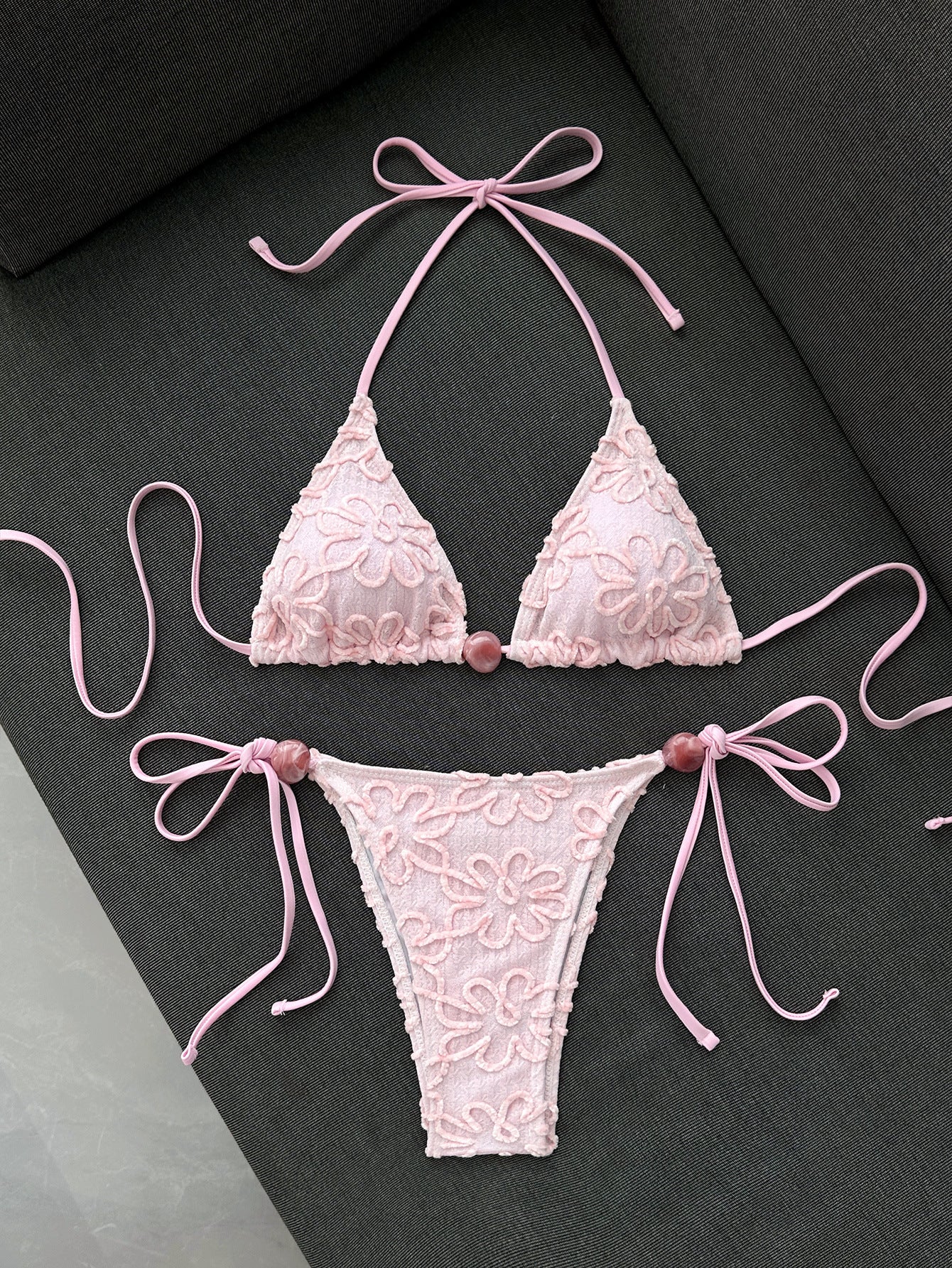 Pink lace bikini women's triangular cup neck strap swimsuit