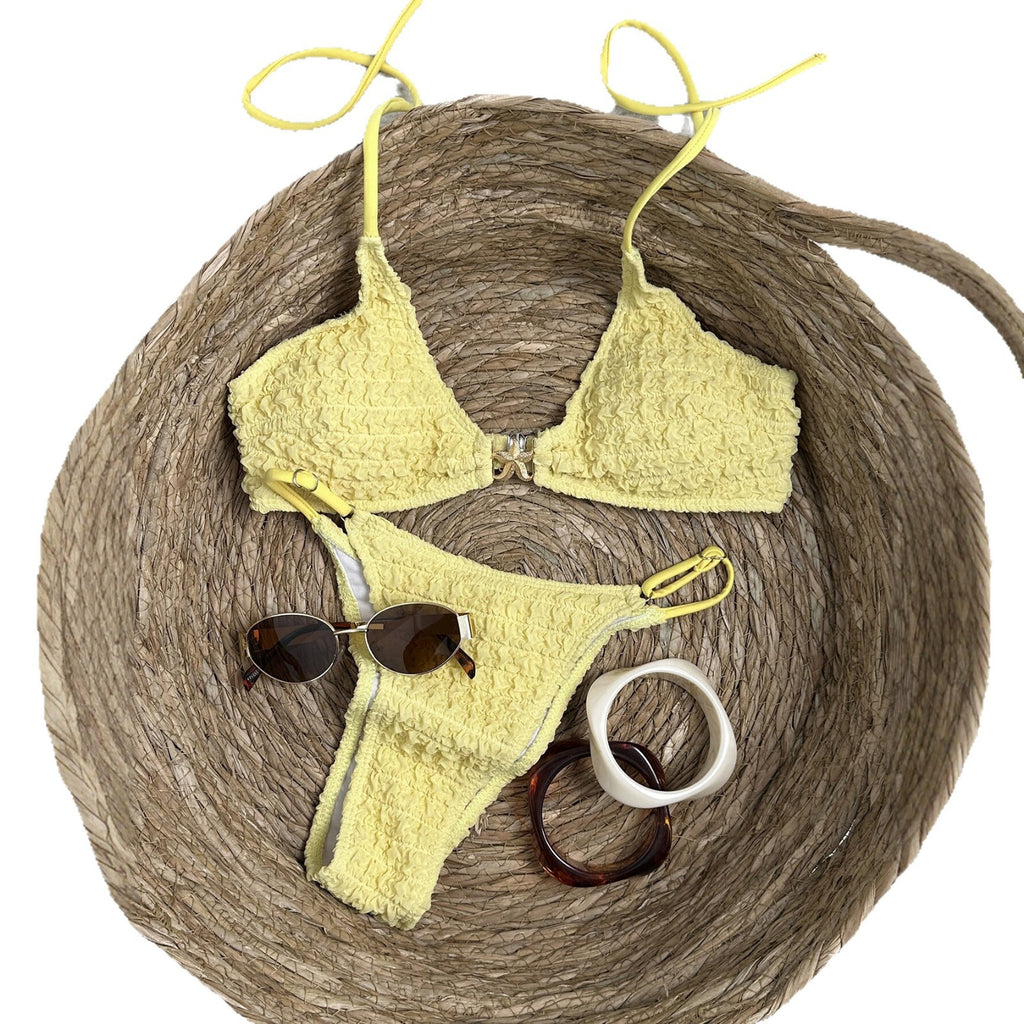 Yellow pleated bikini women's triangular cup swimsuit