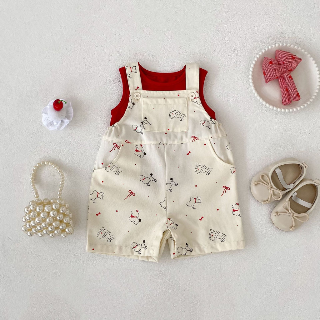 Cute Cartoon Dog Print Overalls Shorts  Solid Color Sleeveless Top Set for Girls Summer Outfit