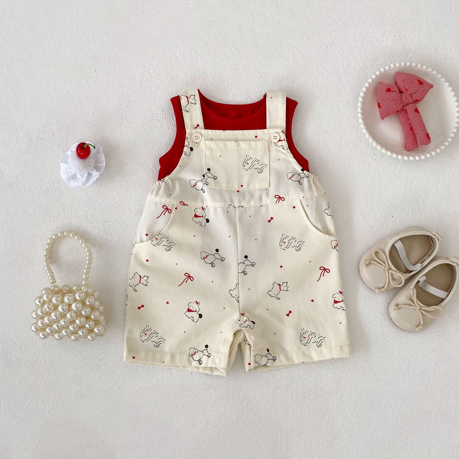 Cute Cartoon Dog Print Overalls Shorts  Solid Color Sleeveless Top Set for Girls Summer Outfit