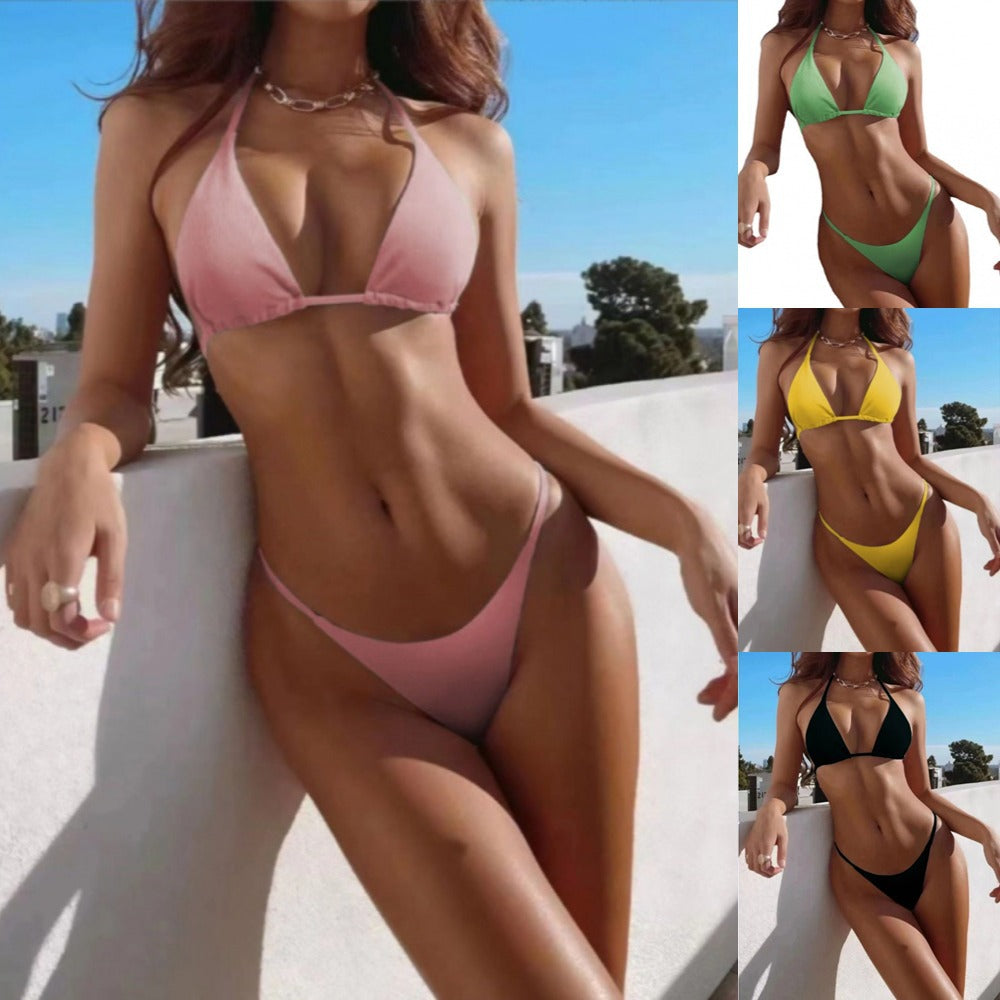 Three point bikini deep V gathering backless swimsuit