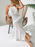 Hollow Out Cover-Up Sexy Backless Dress Hand-Crocheted Flower Spliced Strap Dress