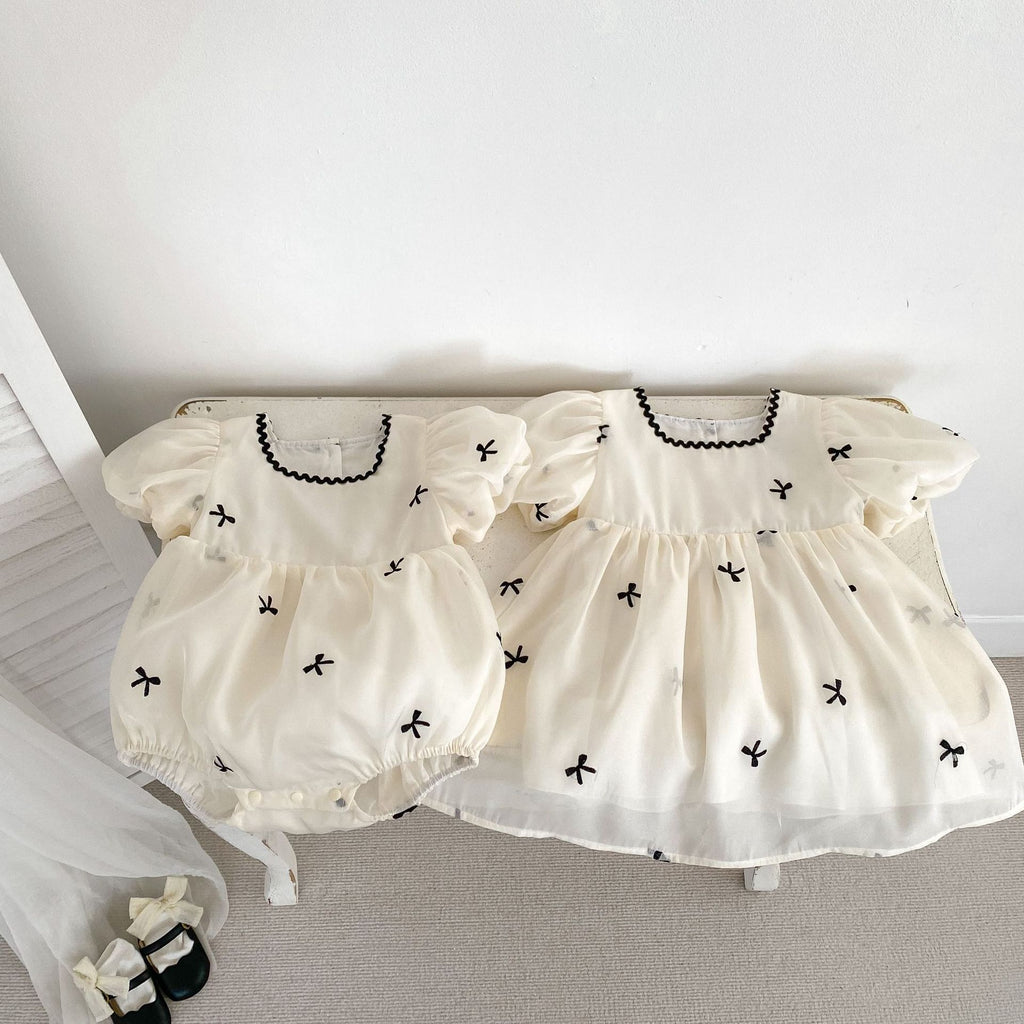Cute Baby Girls' Matching Outfits with Bowknot Puff Sleeve Romper and Tulle Dress, Summer Princess Dress for Toddlers