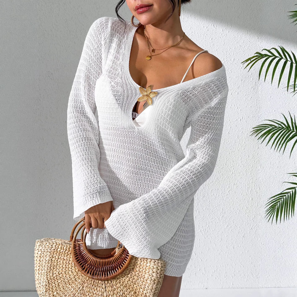 Sexy Deep V Cut-Out Flared Sleeve Beach Cover-Up Bikini Outerwear