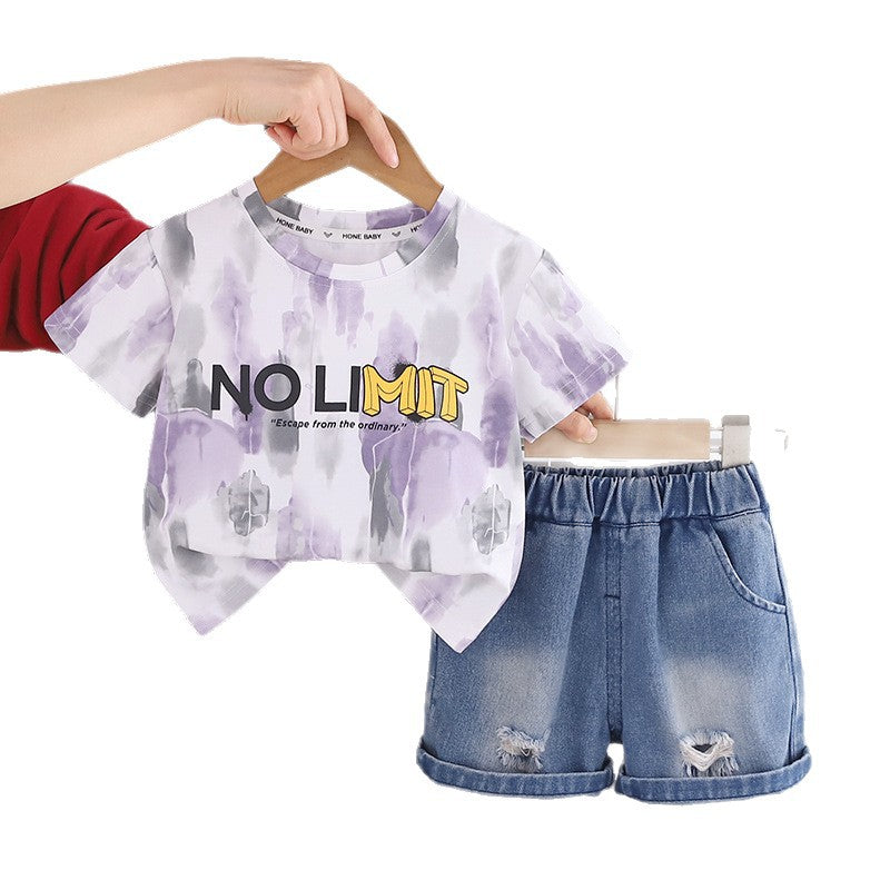 Short sleeved round neck top with denim pockets, two-piece set
